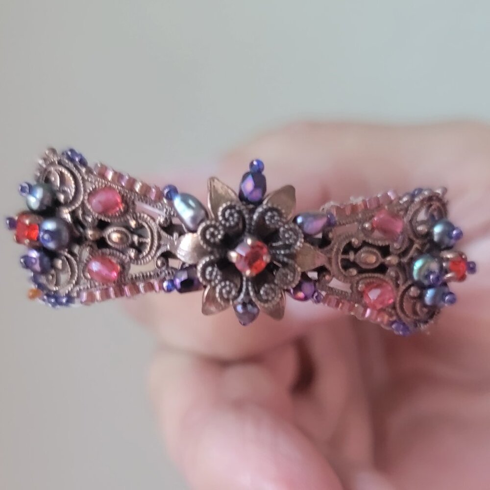 SATELLITE PARIS VINTAGE HIGHLY DETAILED CUFF COPPER BRACELET W/CRYSTALS & PEARLS